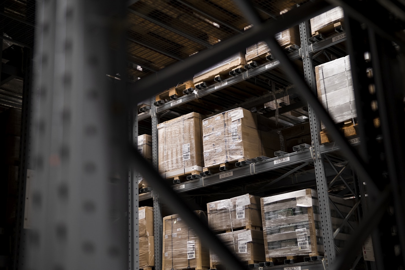 Palletized goods stored in a distribution warehouse